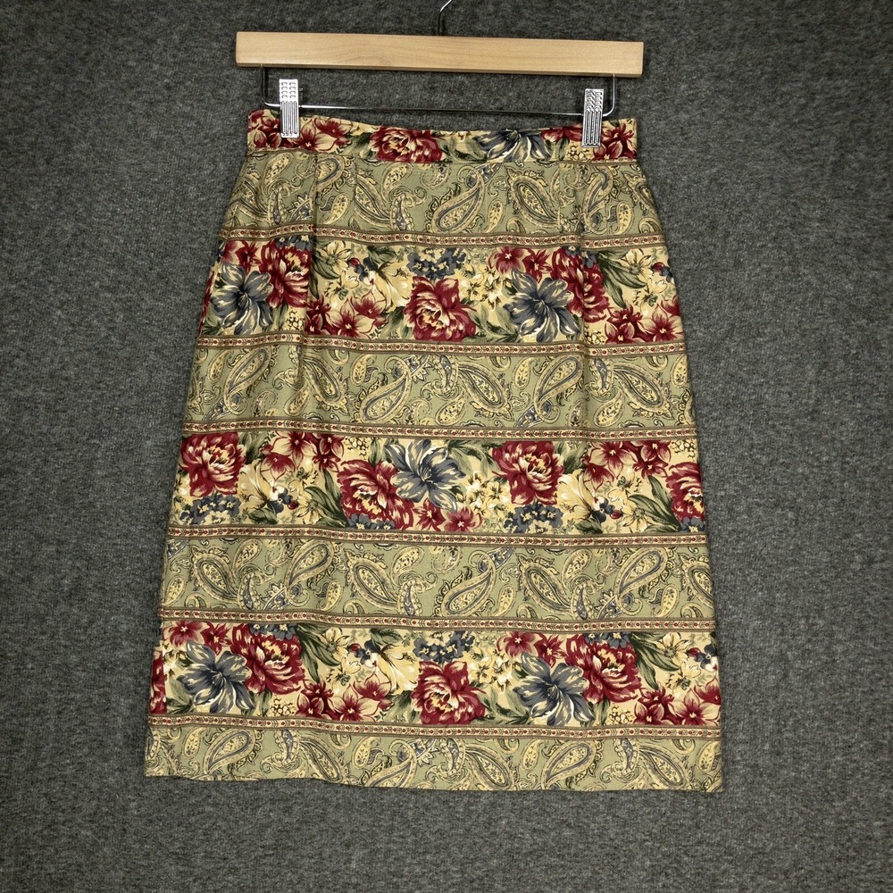 Vintage Talbots Pencil Skirt Red Gold Striped Floral Paisley Size 6 Lined